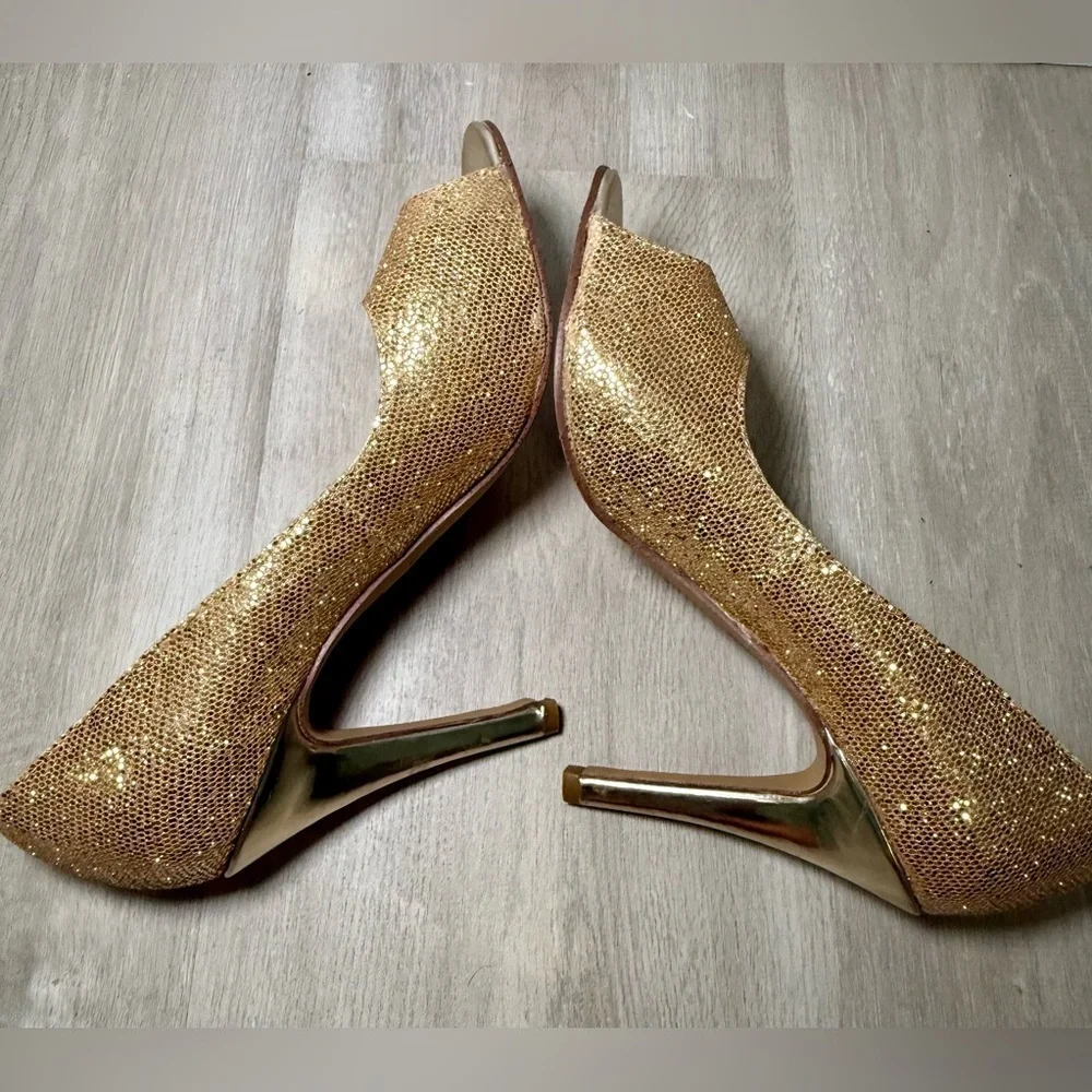 Jimmy Choo Gold Glitter Peep Toe Pumps Women’s EU 38 US 7.5 Stiletto Heels